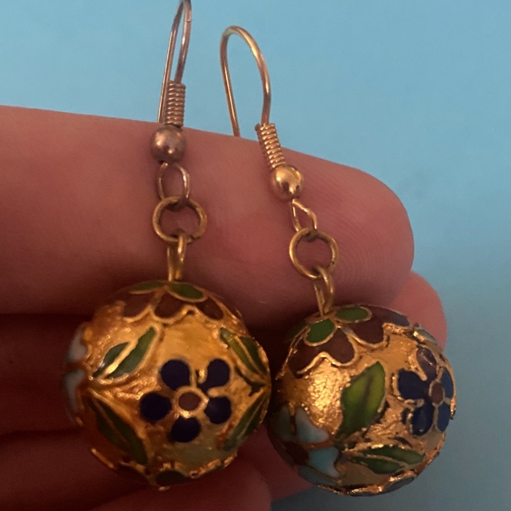 Gold and Blue Floral Drop Earrings